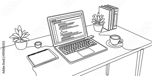 Continuous one line drawing of creative workspace with laptop computer