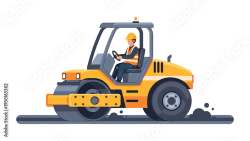 Construction Roller in Action: A construction worker skillfully operates a road roller, efficiently compacting the asphalt surface to ensure a smooth, durable road.