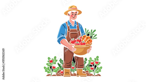 Farmer's Bounty: A dedicated farmer stands proudly amidst his flourishing crop, clutching a basket overflowing with freshly harvested produce.