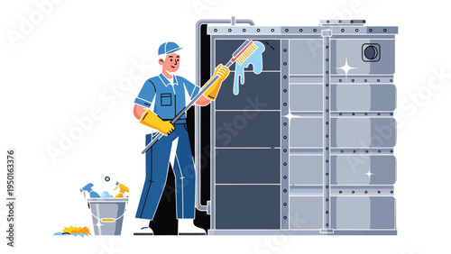 Cleanliness: A worker, dedicated to a pristine environment, meticulously cleans with focused precision.