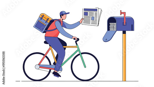 Mail Delivery: A mail carrier on a bicycle delivers newspaper to mailbox, with essential for fast communication and daily news.