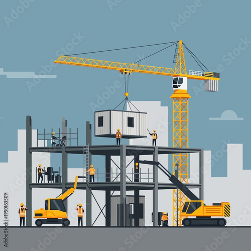 Construction site with crane lifting module onto building frame, workers and machinery
