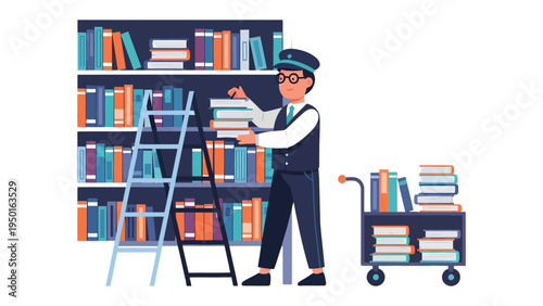 Librarian at Work: A dedicated librarian, meticulously arranging a collection of books on a library shelf. Focused on the art of preservation and the joy of reading.