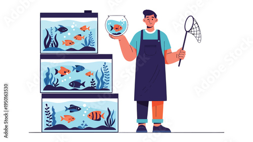 Aquarium Enthusiast: A person, equipped with a net, carefully manages several aquariums, showcasing a vibrant aquatic life.