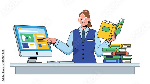 Digital Library: An illustration of a librarian standing behind a desk, pointing towards a computer screen while holding a book, with a stack of books beside. Capturing the essence of digital age