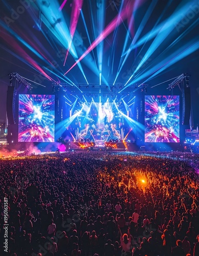 Vibrant outdoor music festival with a large crowd and dazzling stage lights.