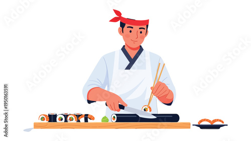 Sushi Chef: A skilled sushi chef meticulously prepares a colorful array of sushi rolls, using precision tools to create a delicious and visually appealing culinary experience.