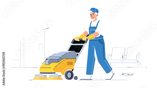 Floor Cleaning Service: A professional cleaner utilizes a commercial floor cleaning machine to maintain spotless surfaces. The illustration captures a dedication to cleanliness and hygiene.