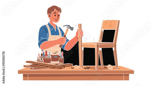 Crafting a Legacy: A craftsman meticulously works on assembling a wooden chair, embodying the essence of skill, precision, and the artistry of woodworking.