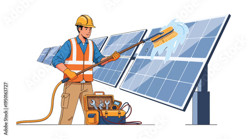 Solar Panel Maintenance: A dedicated worker diligently cleans solar panels with specialized equipment. A vital task in ensuring optimal energy generation and sustainable living.