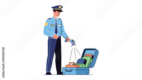 Airport Security Officer Inspects Luggage: An airport security officer meticulously examines a suitcase, illuminating its contents with a focused light beam.