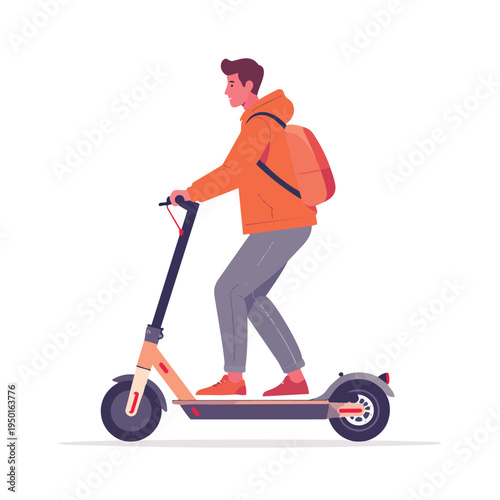 Young man riding a scooter having fun at home with people and cleaning tools around