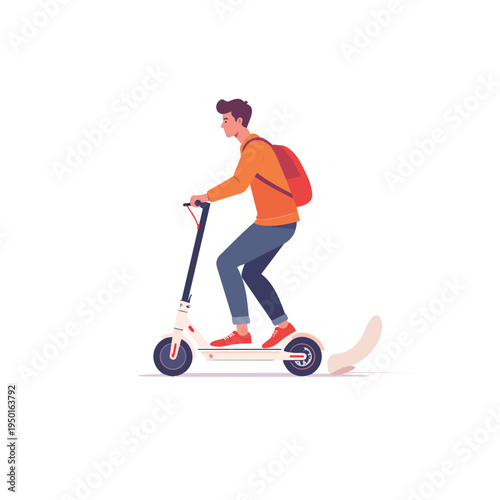 Boy and man riding scooters with people cleaning and working around in a fun busy scene