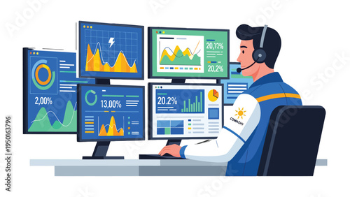 Analysis & Tech: The Operator: A skilled operator, headset on, focuses intently on an array of monitors displaying intricate data analysis and technical readouts.