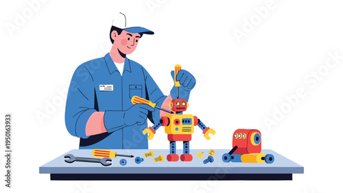 Technician assembling robot: A skilled technician diligently works on assembling a robot using various tools. This image perfectly captures the intersection of technology and human expertise.