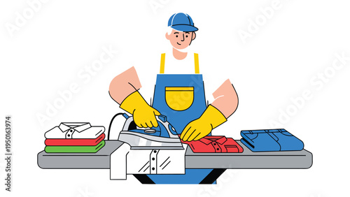 Ironing with Precision: A diligent figure in an apron and gloves expertly presses clothes on an ironing board. Every fold and crease yields to the touch, rendering fabrics crisp and refined.