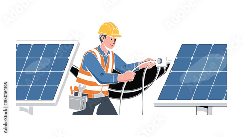 Solar Panel Installation: A skilled technician, equipped with necessary tools, diligently installs solar panels, symbolizing the advancement of renewable energy and sustainable practices.
