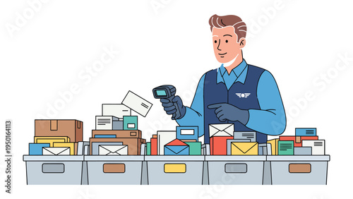 Postal Worker Sorting Mail: A postal worker, diligently scanning a piece of mail amidst a bustling array of letters and packages, working in a postal setting.