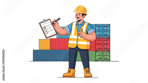 Logistics Inspector: An inspector in a safety vest meticulously reviews a checklist in front of stacked shipping containers, symbolizing thoroughness and attention to detail in global trade.
