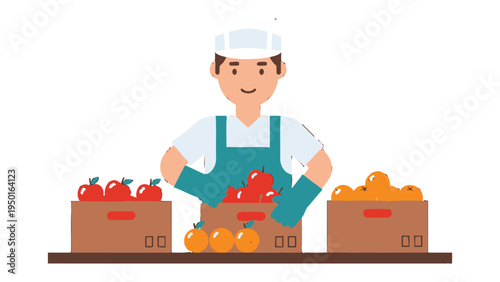 Orchard Worker Sorting Fruit: A dedicated orchard worker efficiently sorts freshly harvested apples and oranges into boxes. Illustrating precision and the beauty of nature's bounty.