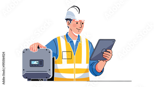Technician's Insight: A diligent technician in a hard hat meticulously examines the digital display of a solar panel controller. He also uses a tablet, overseeing the energy system.