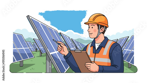 Solar Panel Inspector: An engineer meticulously inspects the photovoltaic panels, assessing their performance in a vast solar farm under a bright, cloud-filled sky. 