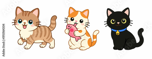 Set of cute cartoon cats in different poses including walking ginger tabby, playful kitten with fish and elegant black cat. Flat vector collection with pet character concept.
