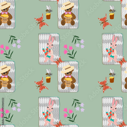  Cute seamless vector pattern with teddy bears with honey buckets and bunnies 