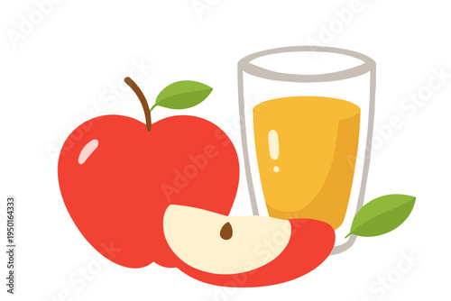 Fresh red apple with slice and a glass of juice in clean flat style. Healthy drink vector icon with breakfast, vitamin and organic nutrition concept for packaging or menu design.