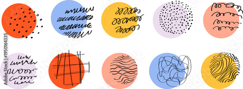 Abstract pattern filled with colorful hand-drawn circles, loose scribbles, and playful doodle shapes. The design feels energetic and creative, with bright colors and organic lines that give it a fun, 