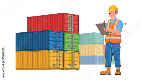 Shipping Inspection: An inspector stands amidst a stack of vibrant shipping containers, meticulously reviewing documents and ensuring everything is in order, ensuring efficient logistics