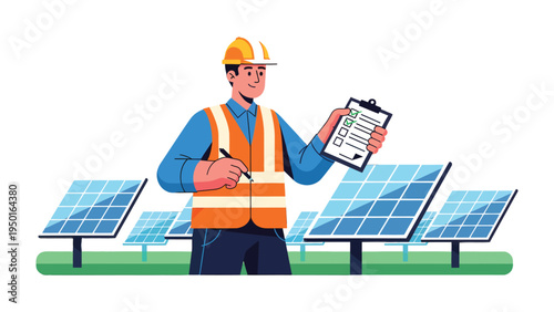 Solar Panel Inspection: An engineer meticulously inspects a row of solar panels, reviewing a checklist with focused attention, showcasing a commitment to renewable energy and sustainable practices.