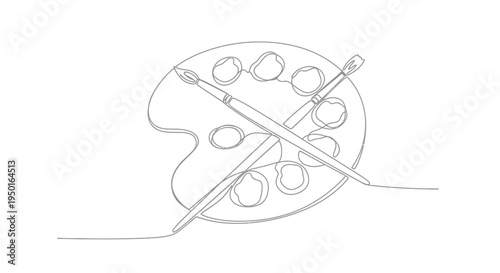 Artist palette and brushes single line drawing, art concept