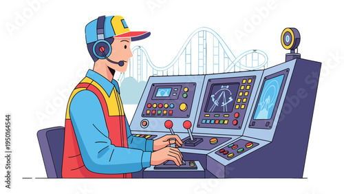 Control Operator: An amusement park ride operator at a control panel, wearing a headset, intently managing the ride with focus and skill. 