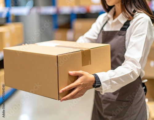 倉庫で段ボールを持つ女性