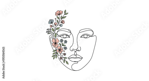 Woman face line art with flowers illustration with ideal for fashion
