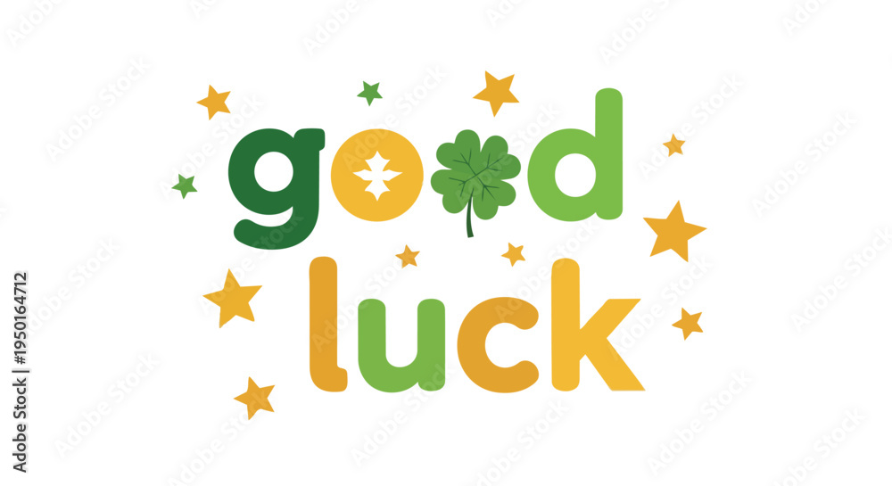 Naklejka premium Vibrant 'Good Luck' message with shamrock and sparkling stars for positive wishes and hopeful beginnings. A cheerful graphic design element for