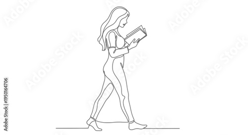 Woman reading book walking line art illustration with one line