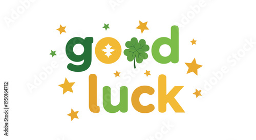 Vibrant 'Good Luck' message with shamrock and sparkling stars for positive wishes and hopeful beginnings. A cheerful graphic design element for
