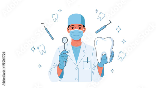 Dental professional: Illustration of a dentist in scrubs, holding dental instruments and a molar, embodying healthcare and oral health care in a visually clean and informative way.