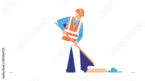 Sweeping with Purpose: An illustration of a diligent worker, clad in a reflective vest and safety helmet, sweeps with purpose, embodying the spirit of community service and civic duty.