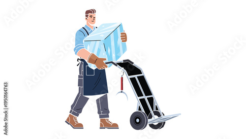 Ice Block Transporter: A man, diligently transporting a massive ice block with a hand truck, a testament to hard work and determination.
