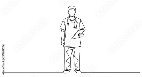 Medical professional in scrubs holding tablet one line art