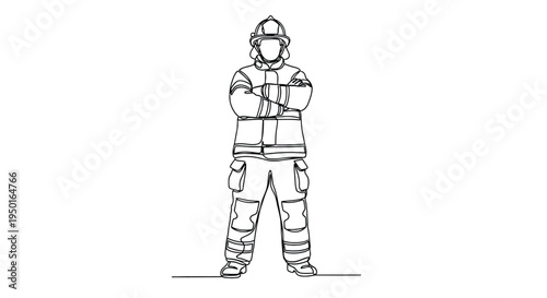 Firefighter in protective gear one line drawing with arms crossed