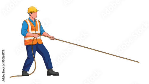The Builder's Effort: An illustration of a builder pulling a rope with determination and focus, wearing a safety vest and hard hat, set against an empty canvas background.
