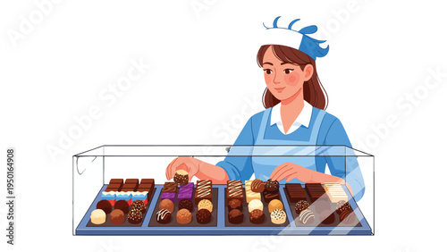 Artisan Chocolatier: A chocolatier carefully arranges an exquisite assortment of handcrafted chocolates. The scene highlights artistry, culinary skill, and the indulgence of gourmet treats.