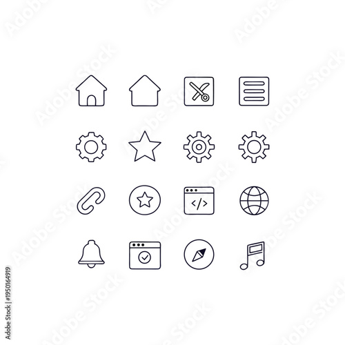Web Interface Icon Set Representing Navigation, Settings, and Digital Communication Vector Illustration