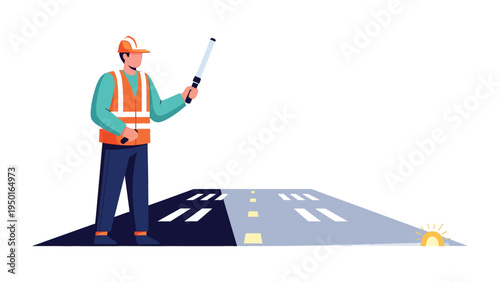 Airport Ground Crew: An airport ground crew member directs traffic on the runway, ensuring smooth operations and safety using signal wand.
