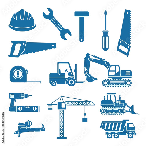Construction Tools and Heavy Machinery Icons Set