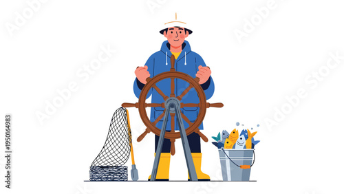 The Disciplined Voyager: A seasoned voyager, with weathered hands, grips the helm of their vessel, charting a course toward adventure, while readying their net and catch.